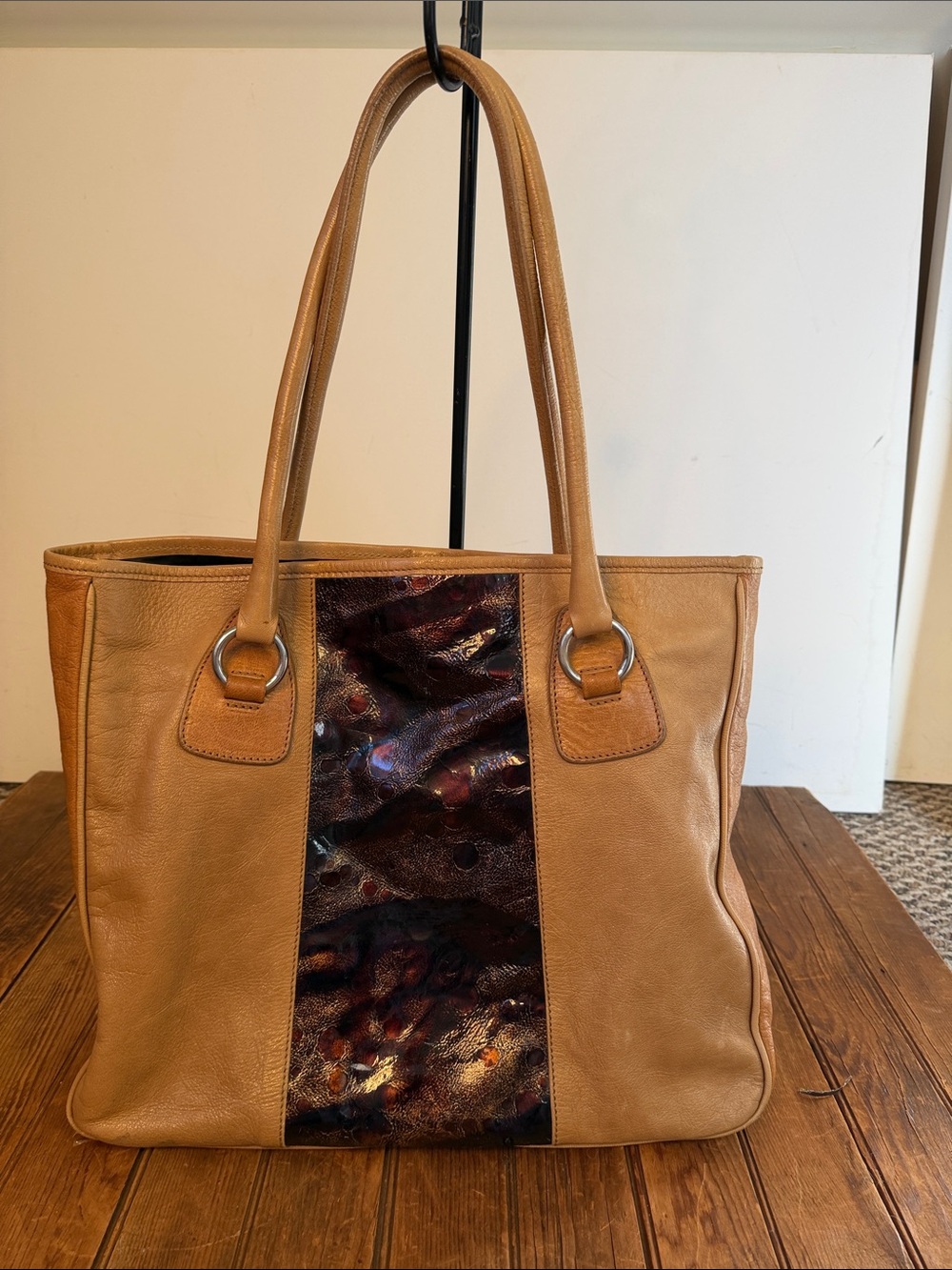 Vintage Gavi Pell Roma Classic Tan Leather Tote with Textured Center Panel